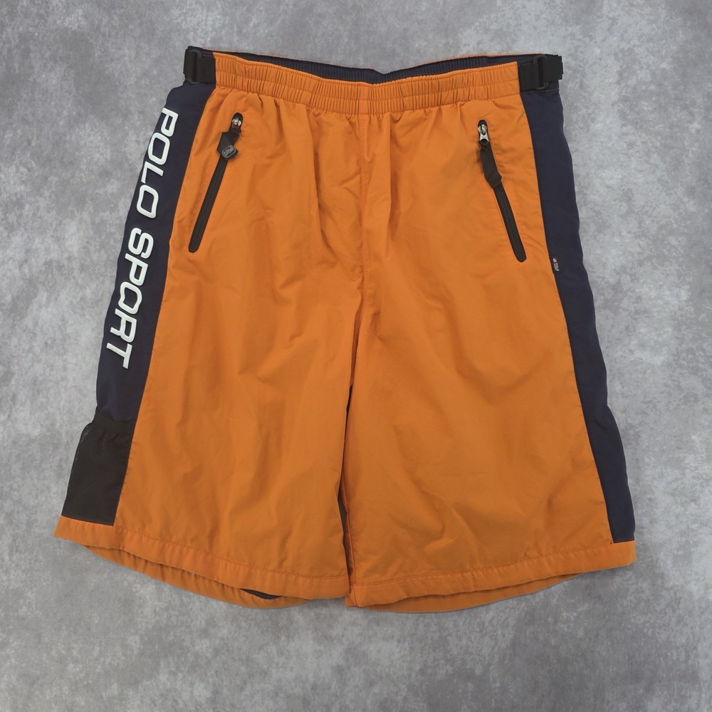Vtg Polo Sport Ralph Lauren RL67 Orange Black Nylon Belted Shorts Mens XXL 90s